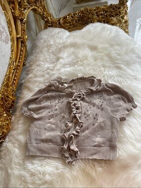 LoveShackFancy Taupe Ruffle Short-Sleeve Knit Cardigan